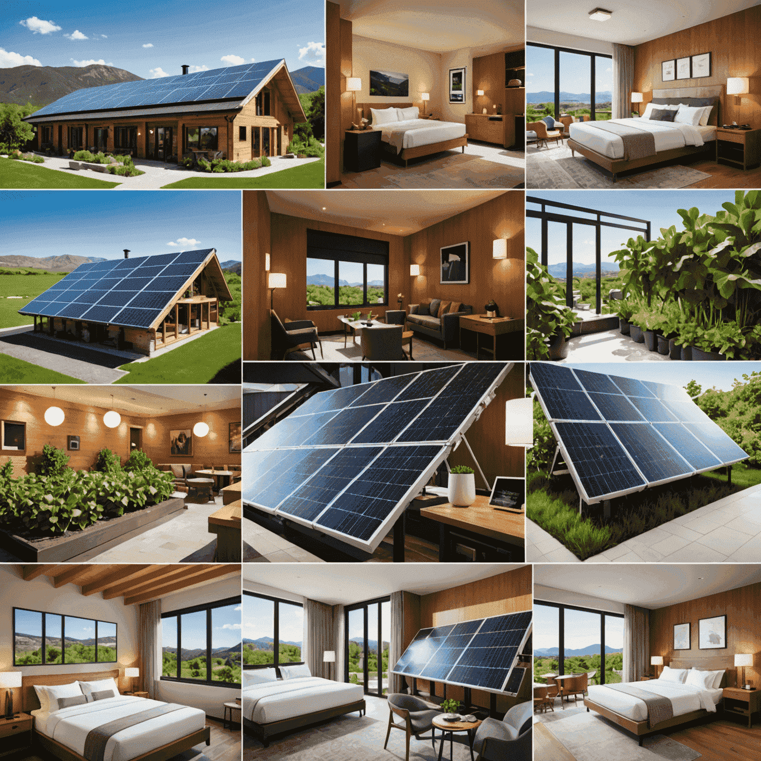 A collage showing sustainable practices in hotels, such as solar panels, organic food, and smart room controls, representing the latest hospitality trends