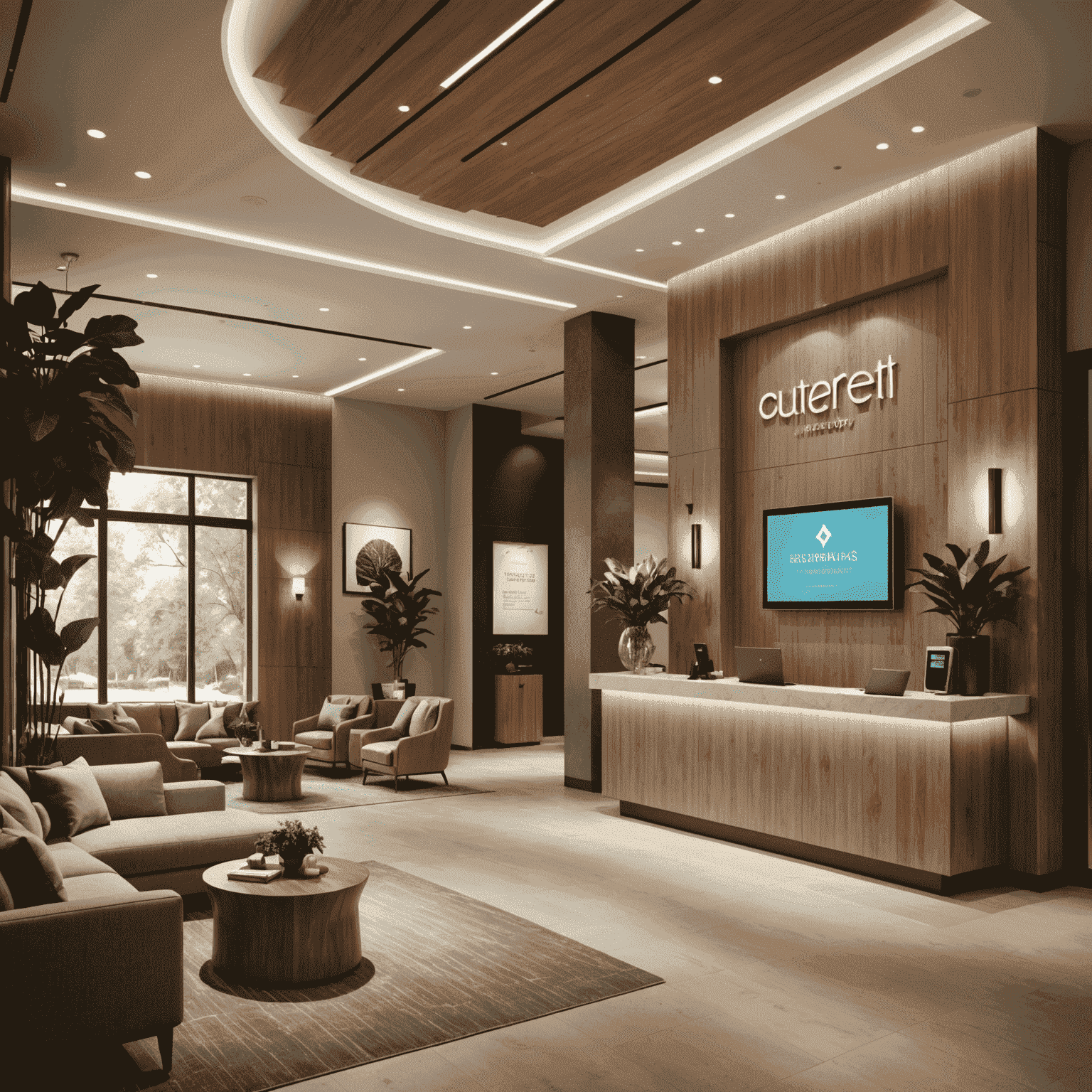 A modern, stylish guest house lobby with sustainable decor and high-tech check-in kiosks