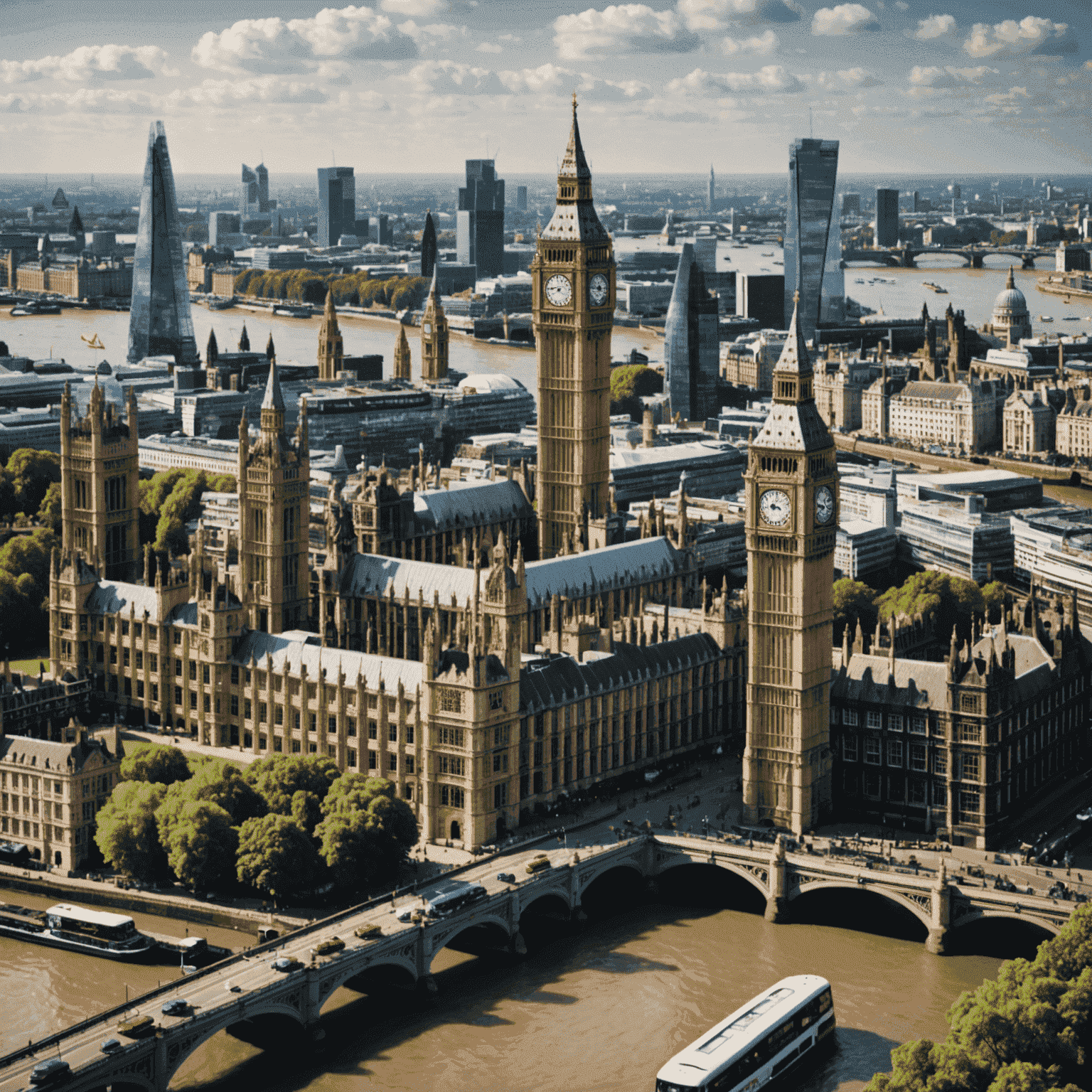 A scenic view of the London skyline featuring iconic landmarks such as Big Ben, the London Eye, and Tower Bridge. The image showcases the bustling city with tourists enjoying various attractions.