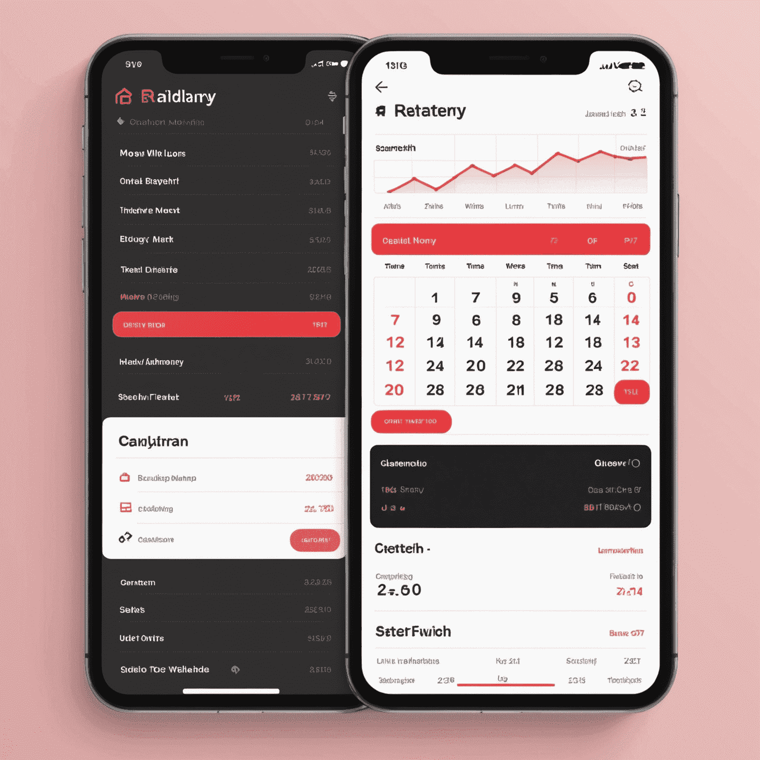 A modern interface showing a dashboard with booking calendar, guest information, and room availability status. The design uses a sleek combination of red, pink, black, and white colors.