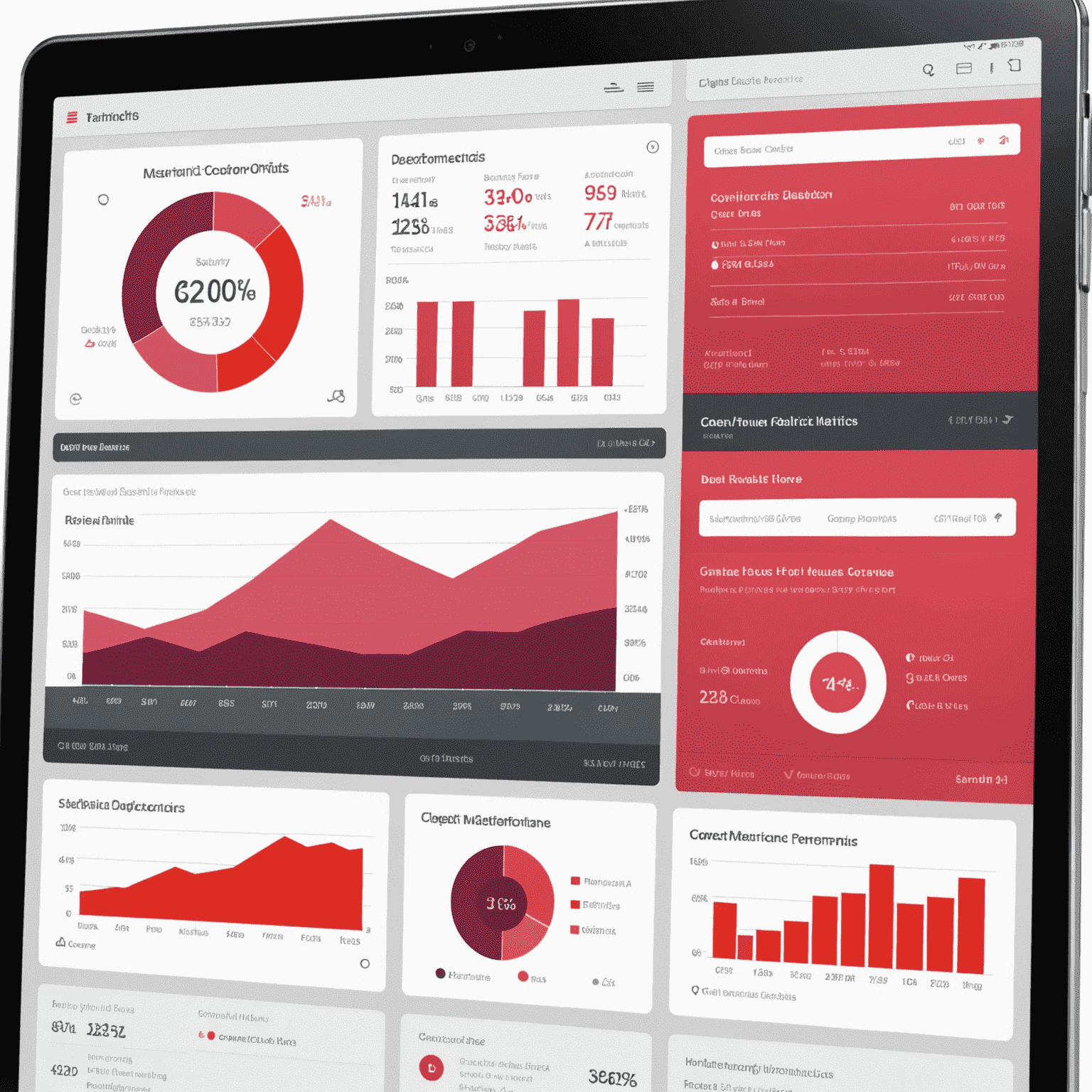 A modern dashboard interface showing various charts and graphs related to guest house performance metrics. The interface features a clean design with red and pink accents, displaying occupancy rates, revenue trends, and guest satisfaction scores.
