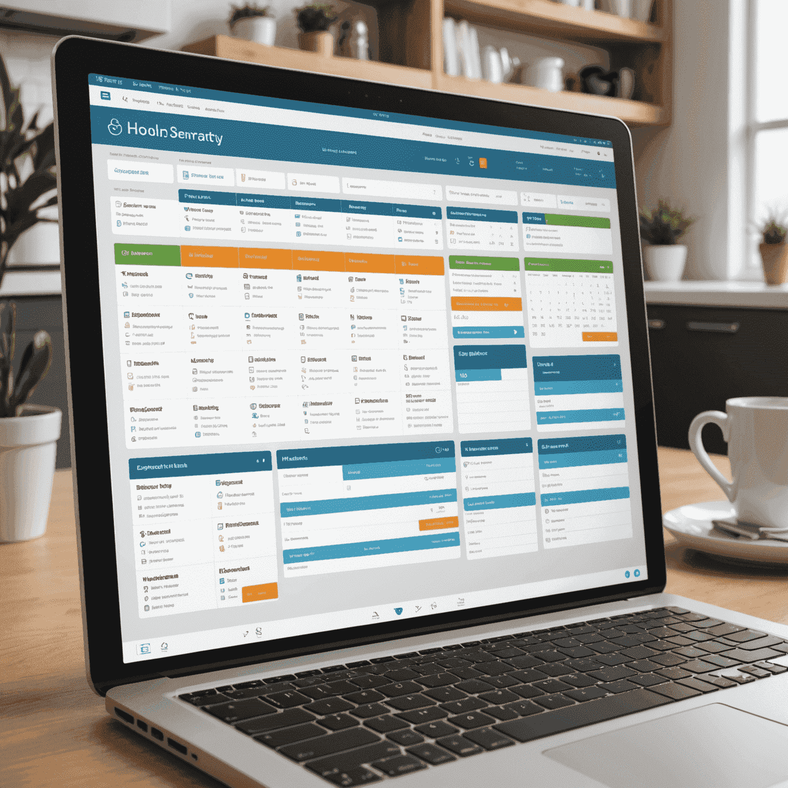 A modern interface of a property management system showing a dashboard with booking calendar, housekeeping schedule, and maintenance tasks