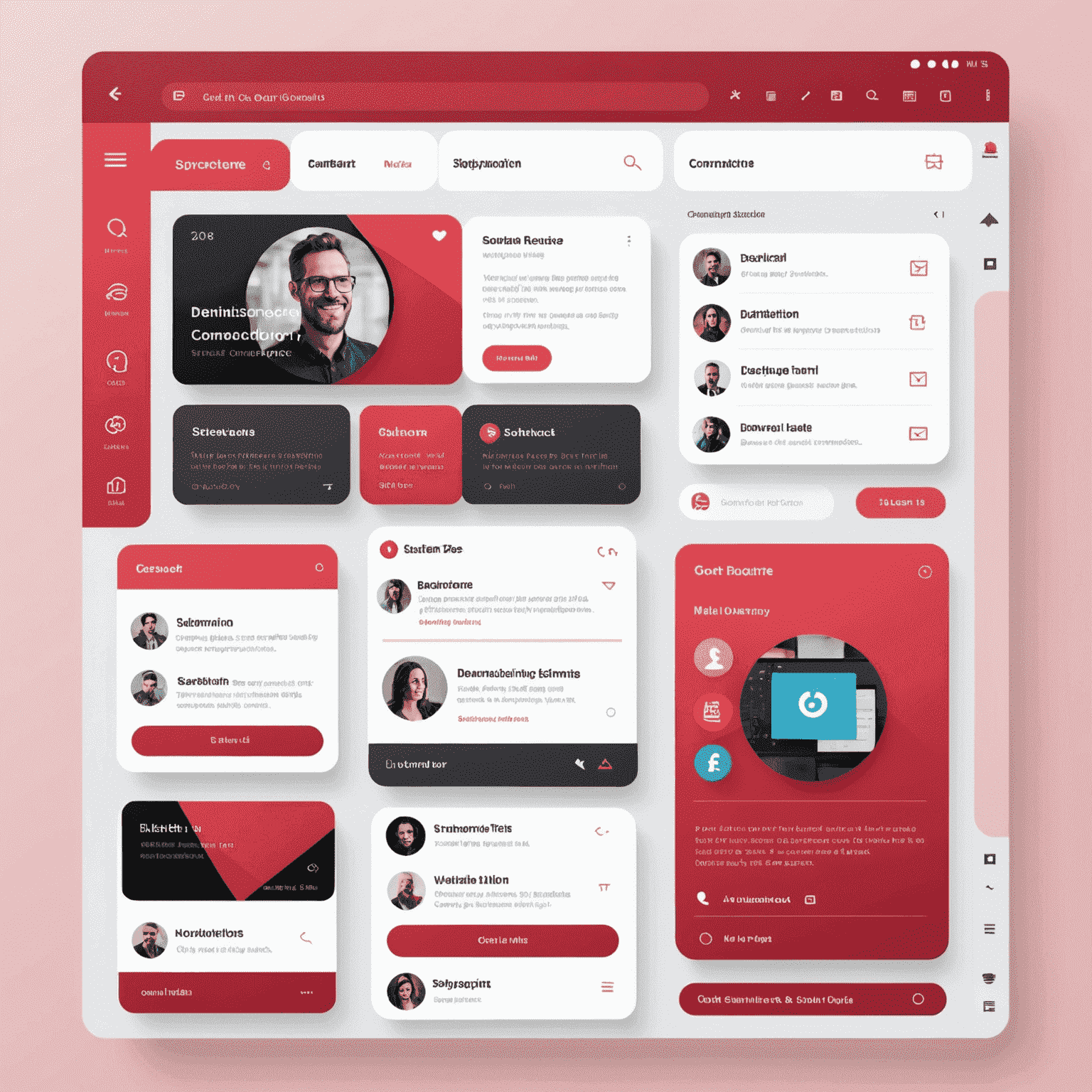 A modern interface showing personalized communication tools, including email templates, chat windows, and language selection options. The design is sleek with a red and pink color scheme.