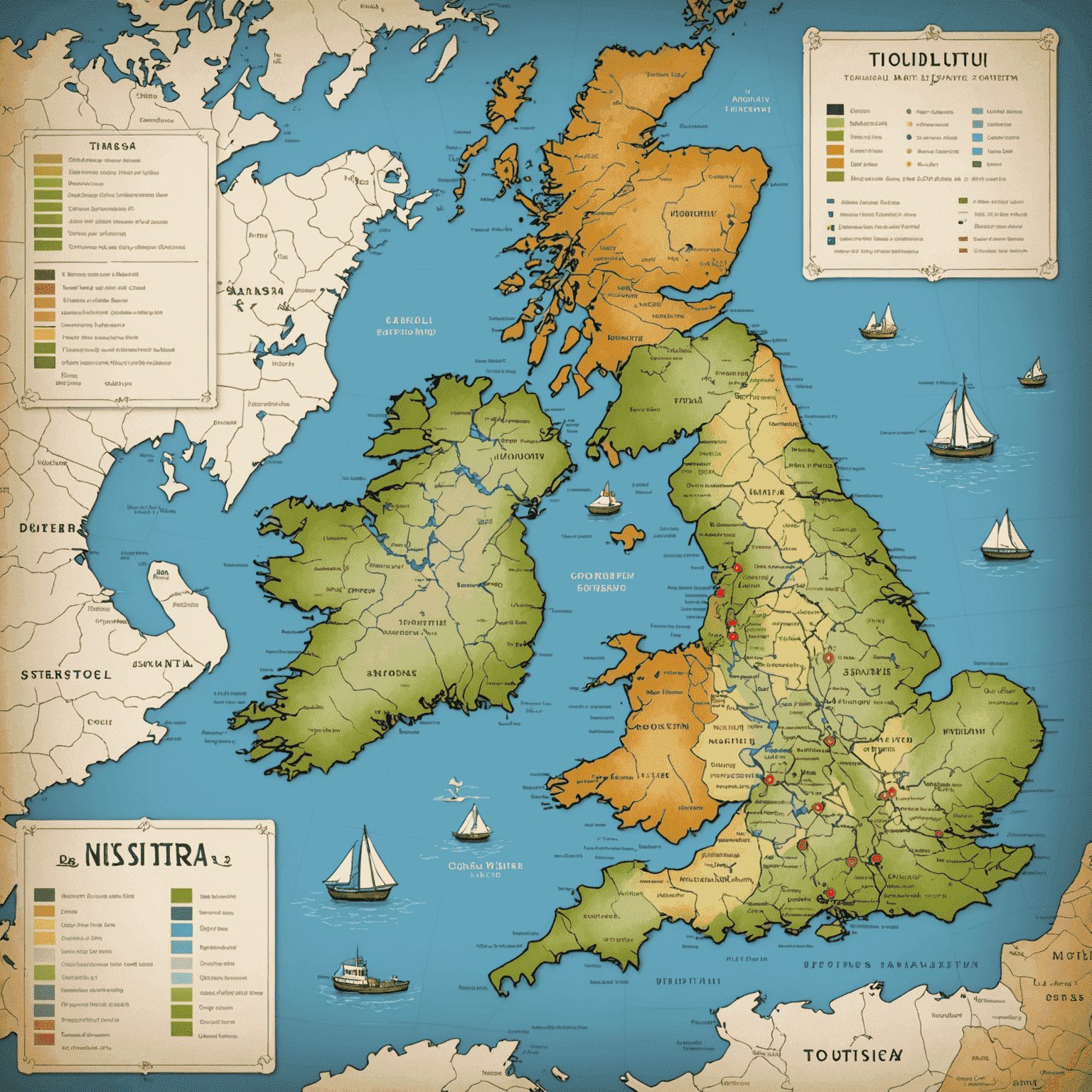 A map of the UK with popular tourist destinations highlighted, alongside graphs showing tourism statistics
