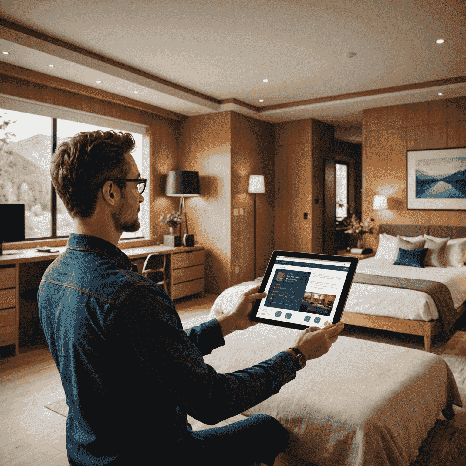 A guest using a tablet to control room features in a modern, tech-enabled guest house room