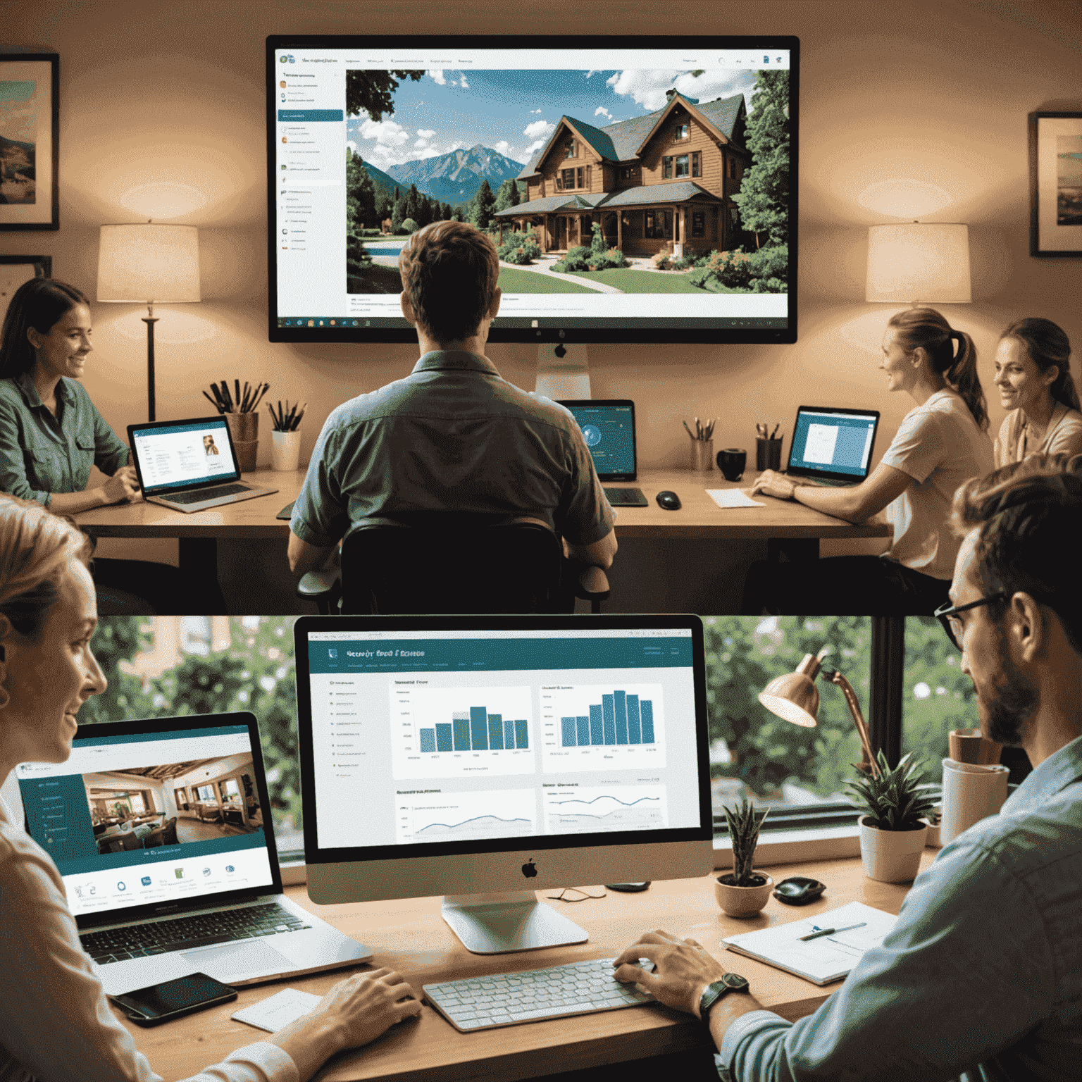 A split-screen image showing a person analyzing data on a computer screen on one side, and a thriving guest house with happy guests on the other. The image emphasizes the connection between data analysis and successful guest house management.