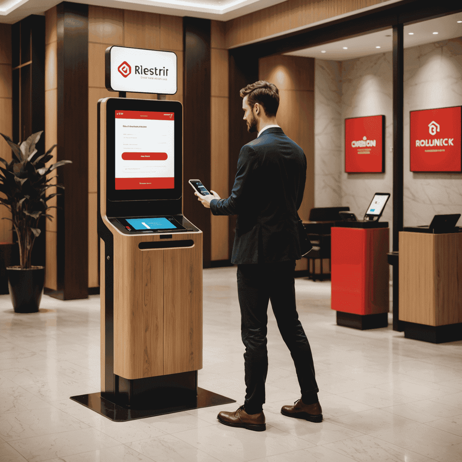 A modern hotel lobby with self-service check-in kiosks and a guest using a mobile phone for digital check-in. The kiosks have a sleek design with red and black accents.