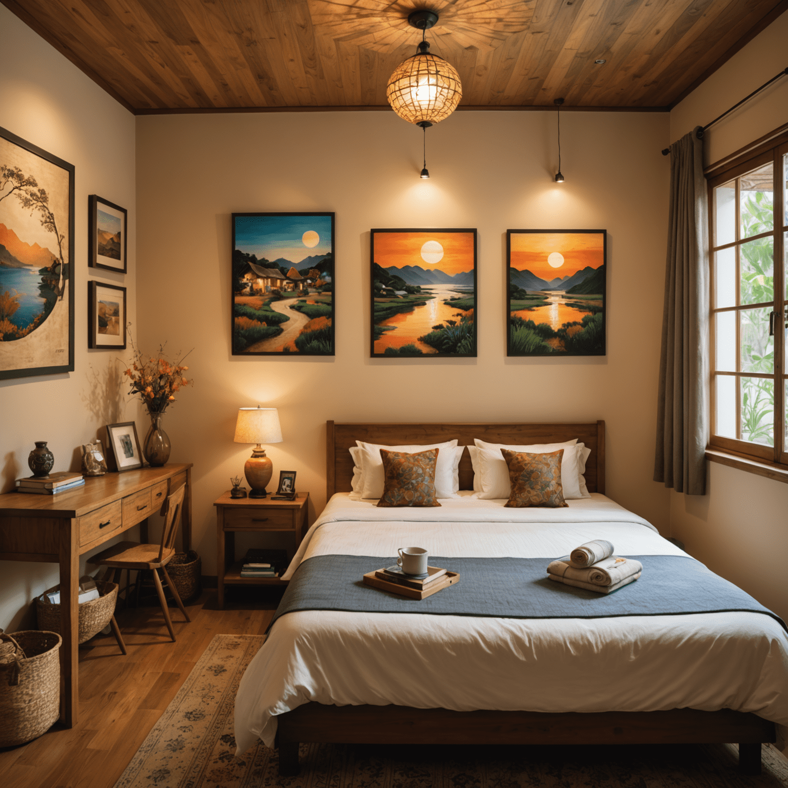 A cozy guest house room decorated with local art and crafts, showcasing cultural immersion