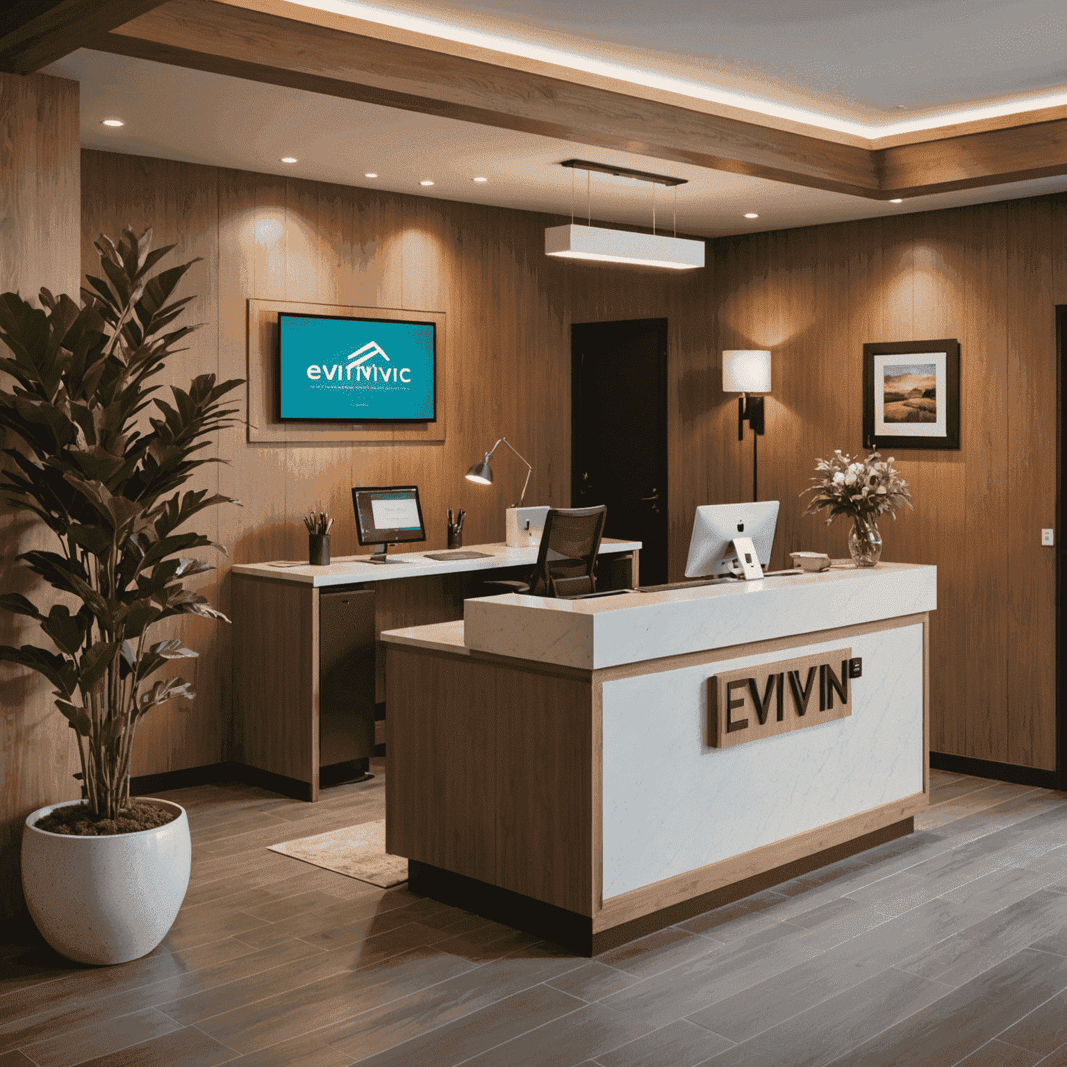 A modern, cozy guest house interior with a reception desk featuring a computer running Eviivc software. The image shows a welcoming atmosphere with staff efficiently managing bookings.