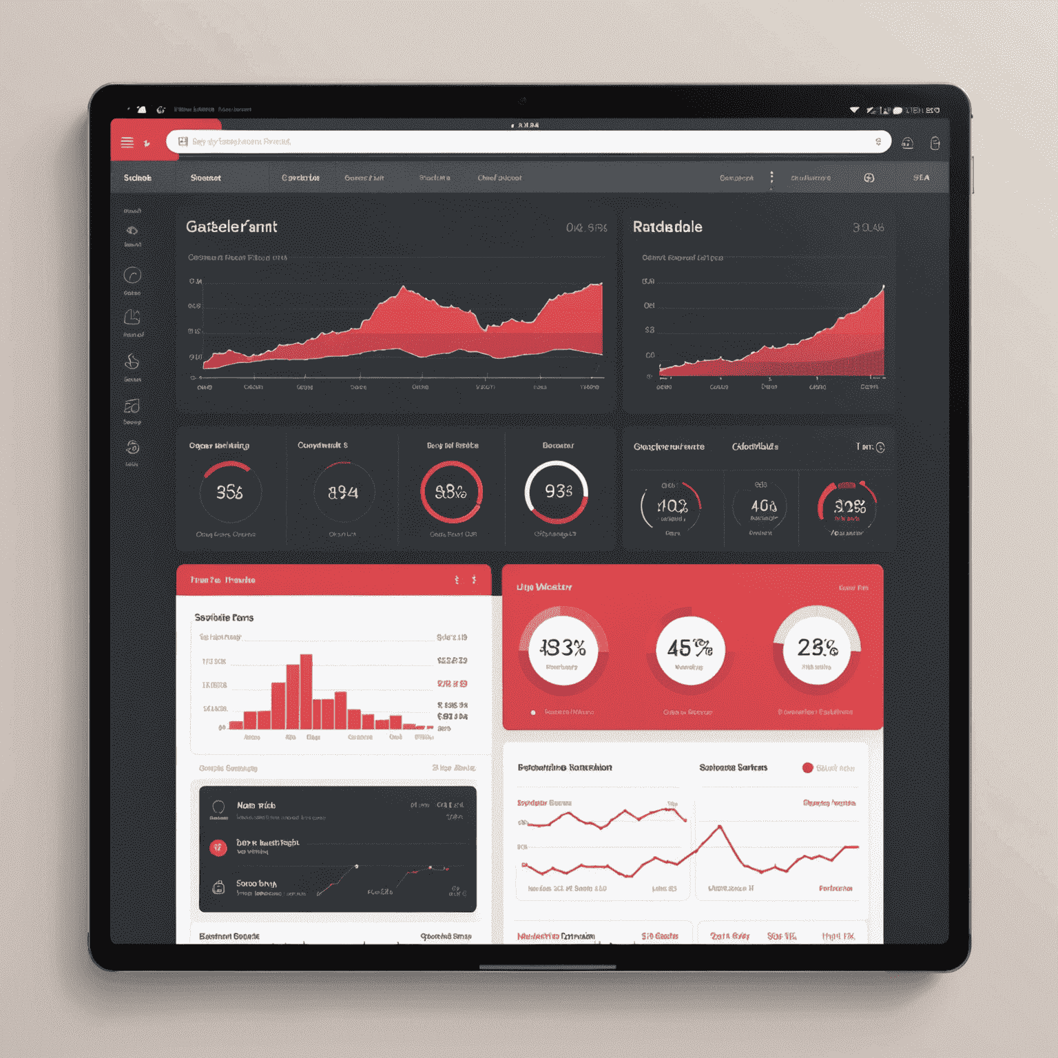 A detailed analytics dashboard showing guest feedback scores, trend charts, and AI-generated suggestions for improvement. The interface uses a clean design with red, pink, and white color scheme.