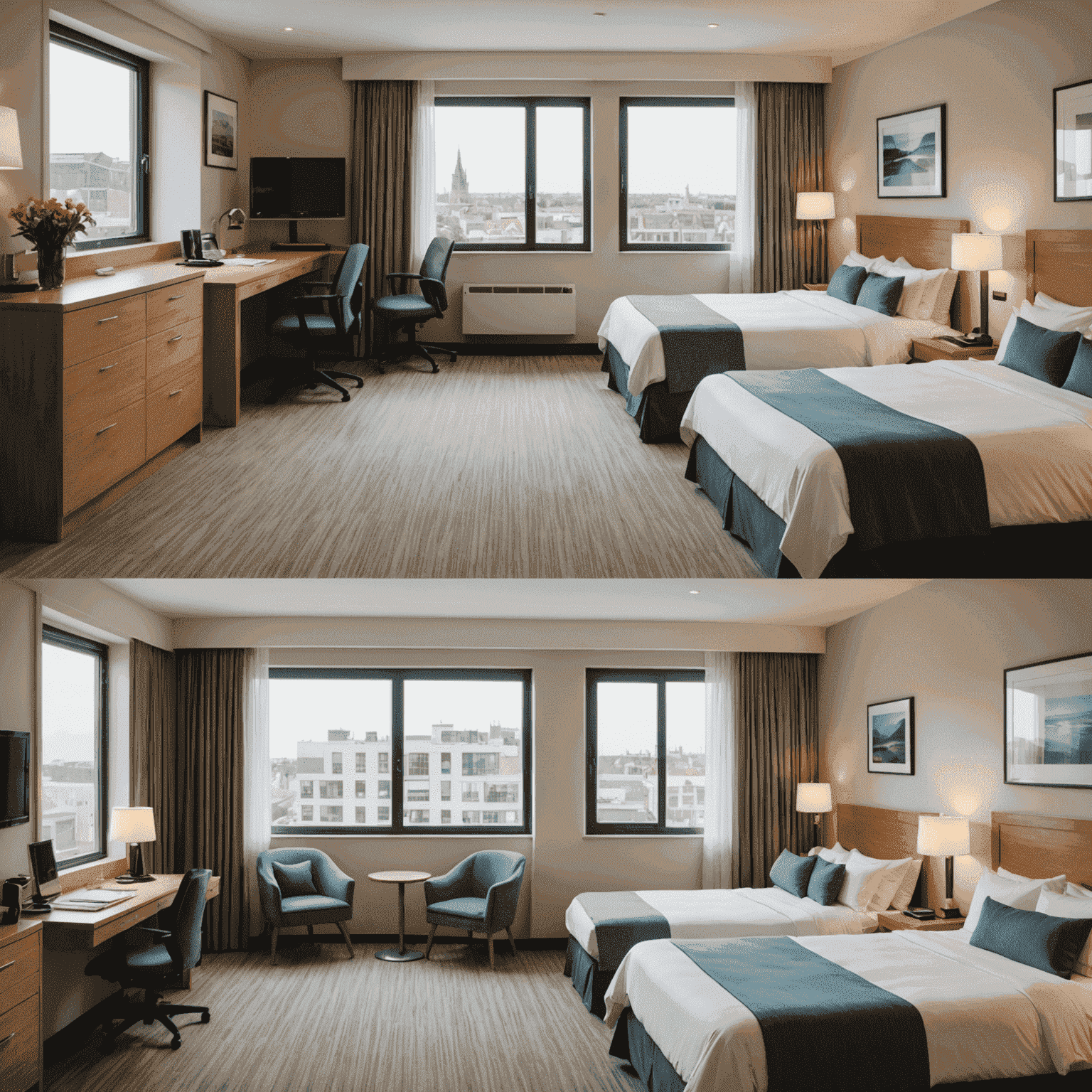 A split-screen view showing housekeeping schedule and maintenance tasks for a mini-hotel