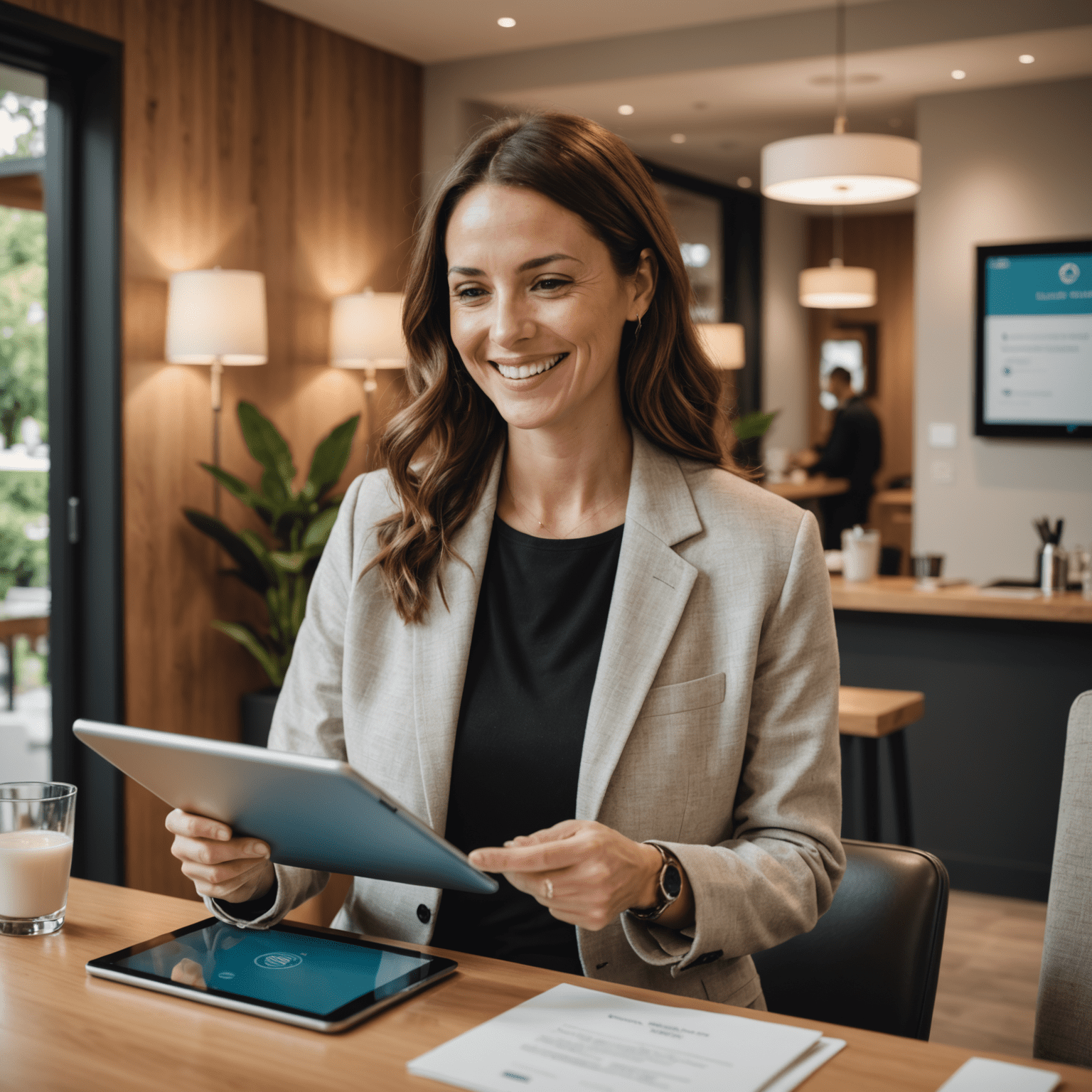 A smiling guest using a tablet for self-check-in at a modern guest house reception